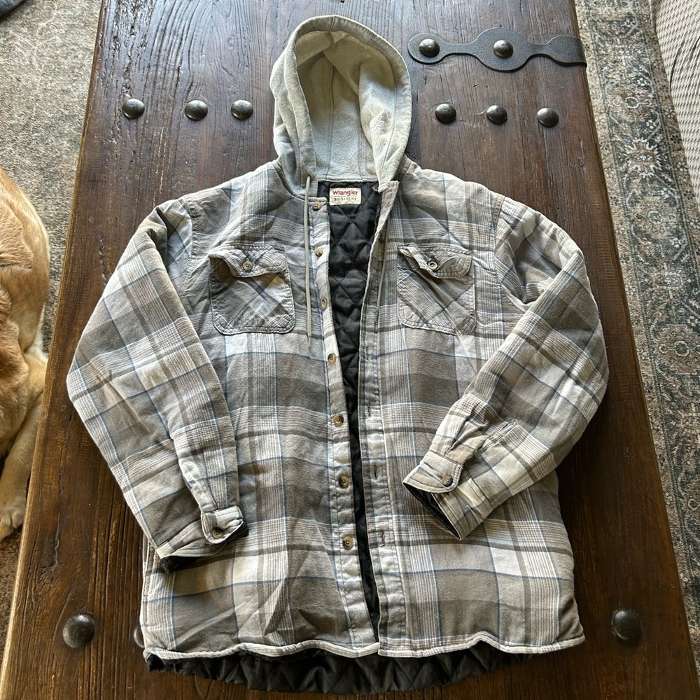 Wrangler Gray Plaid Quilted Hooded Shirt Jacket